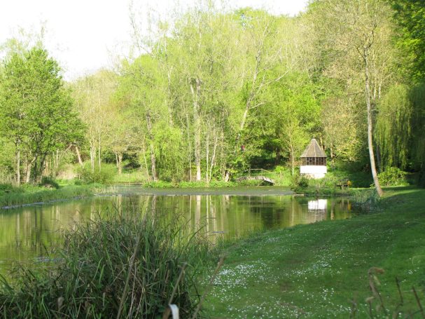 Serene lake surrounded by lush greenery and trees, with summer house in the background.